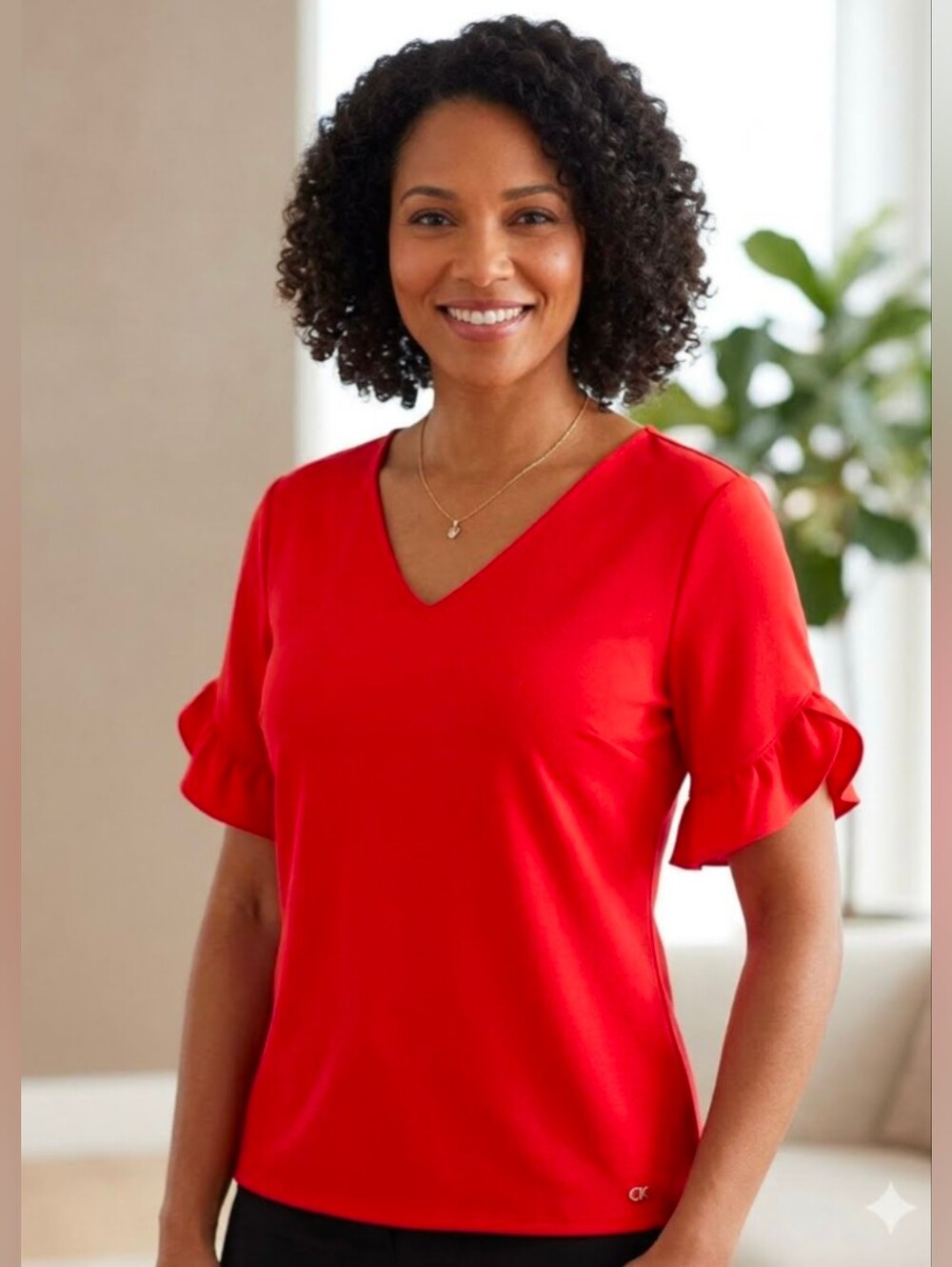 Calvin Klein True Red Ruffle Flutter Sleeve V-Neck Top Business Casual Size S